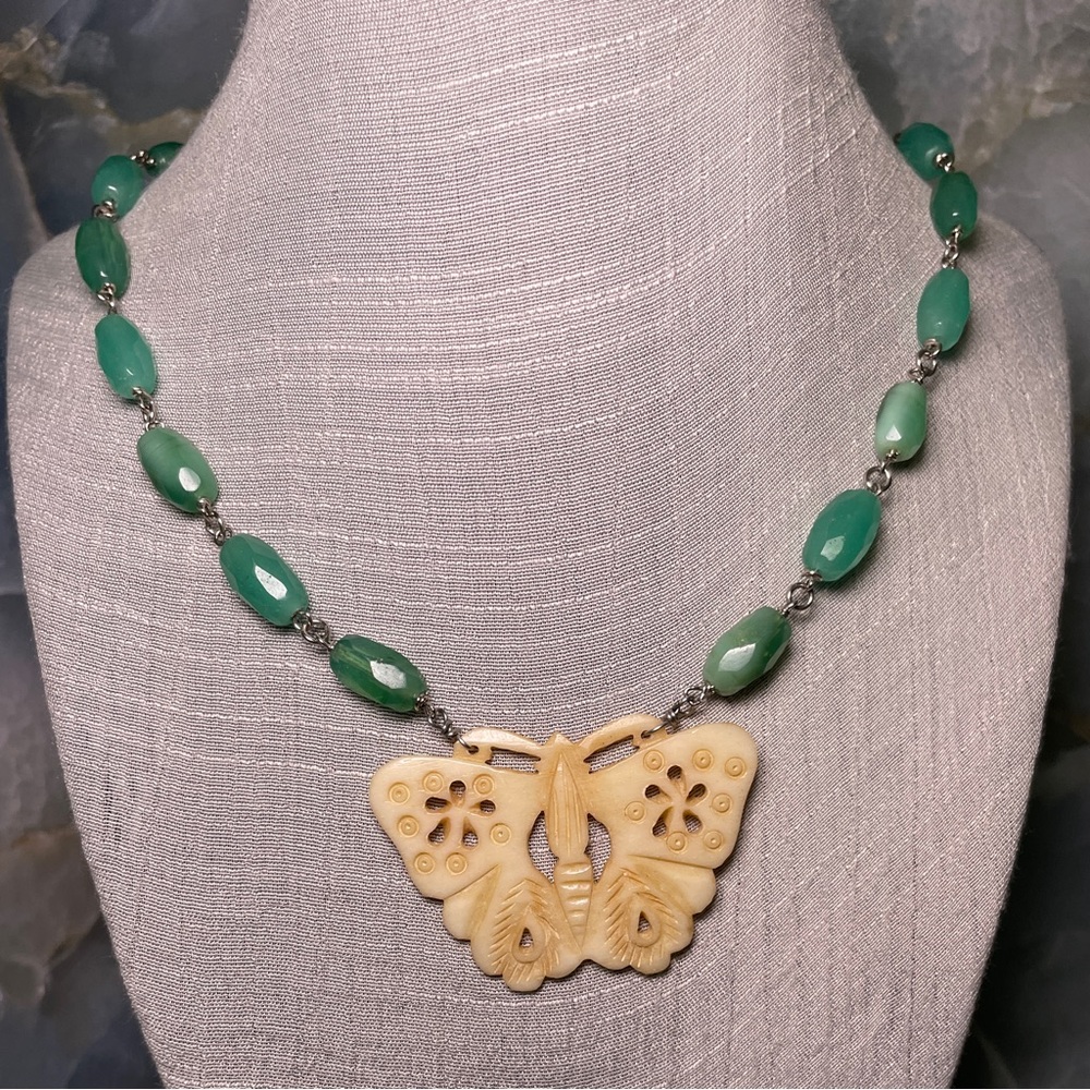 Carved Butterfly and Glass Bead Necklace